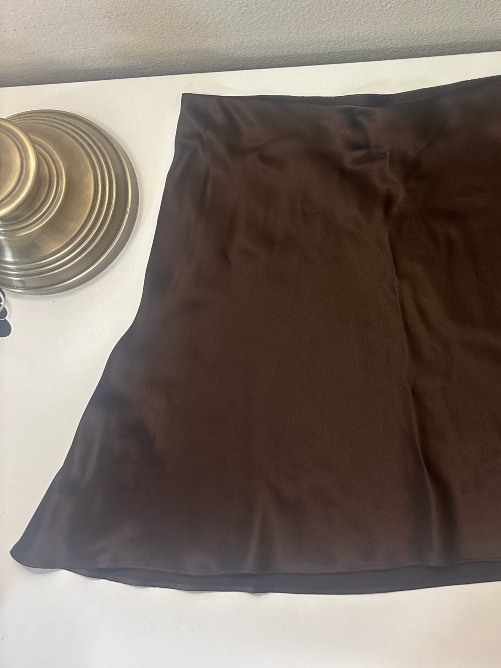 Quince 100% Mulberry Silk Bias Cut Slip Skirt Chocolate Brown L Satin A-Line - Picture 8 of 11